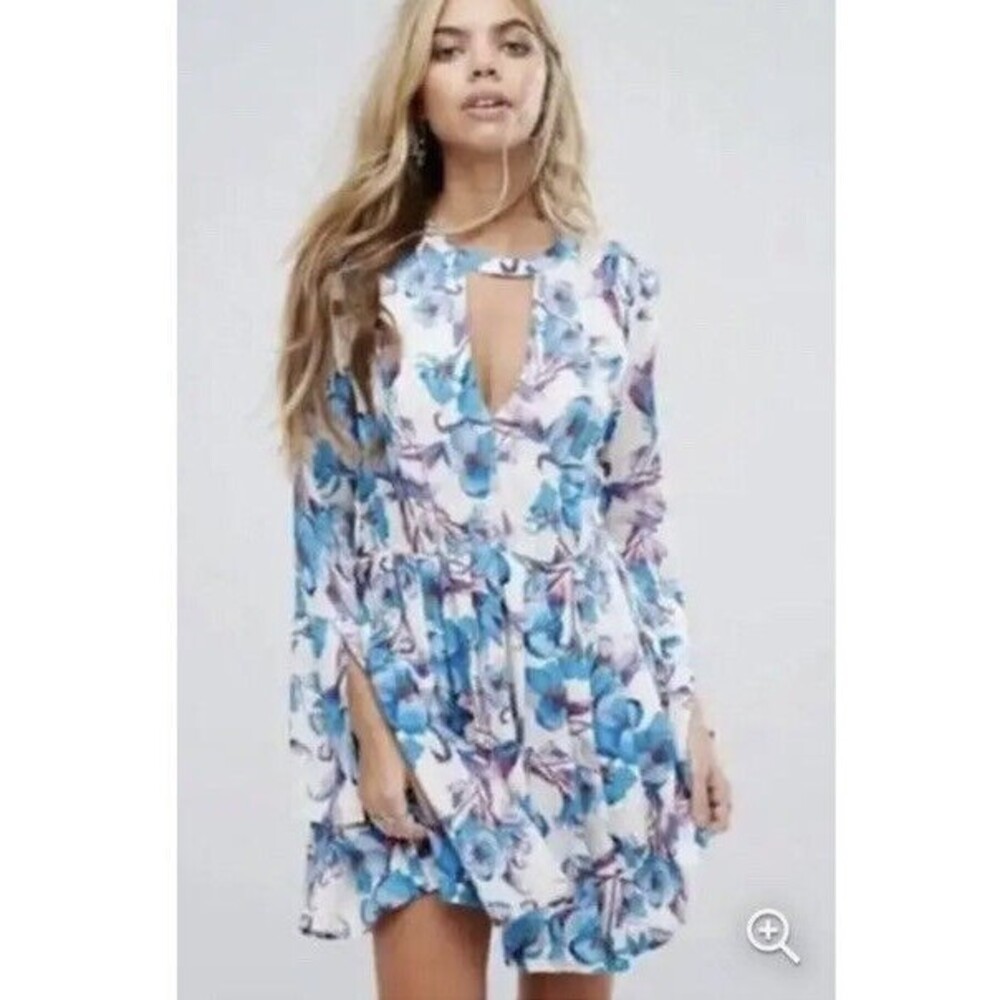 Free People White & Blue Floral Tegan Long Sleeve Mini Dress Size 2